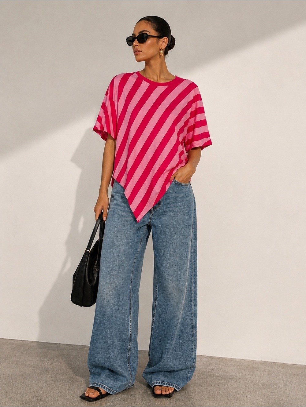 Zara Pink Striped Asymmetric Oversized T-Shirt – Size L NWT